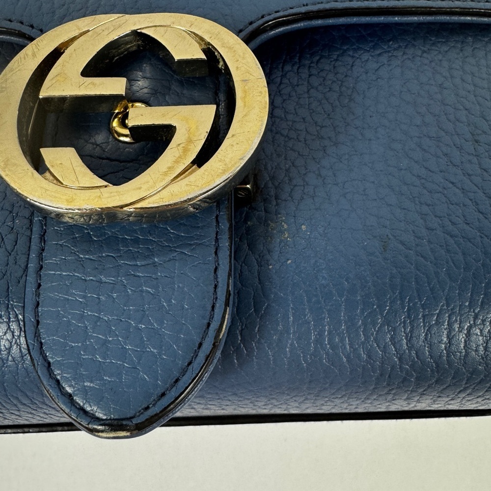 Gucci GG Interlocking Navy Leather Satchel with Gold Chain Made in Italy - Picture 8 of 15